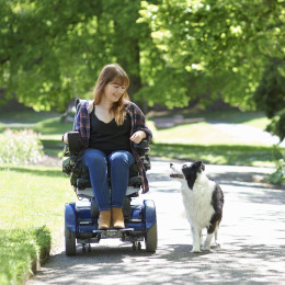 Woman in Wheelchair Walking Dog in Park