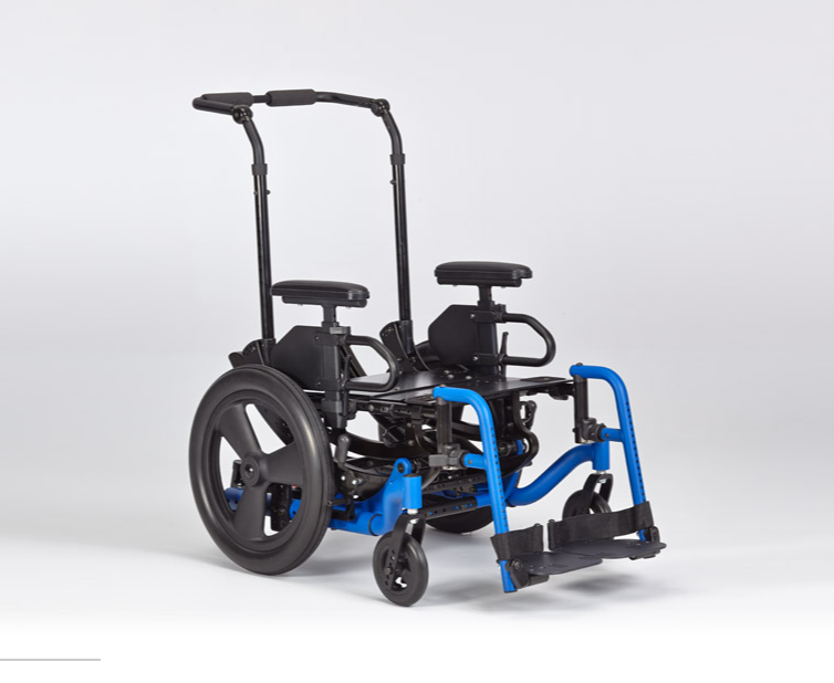 Side view of the Focus CR wheelchair, with blue tubing and a black seat.