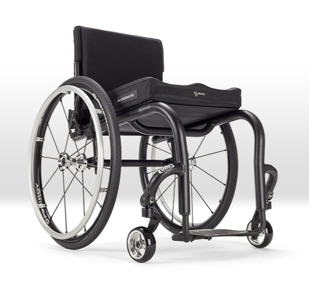 Ki Mobility Rogue Front Black Ki Mobility Rogue lightweight manual wheelchair, with large wheels and tubing.