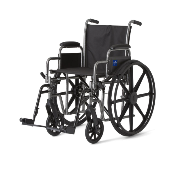 Medline K1 Manual Wheelchair Medline K1 Manual Wheelchair with black nylon upholstery.