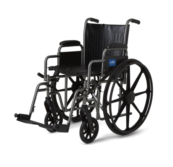 Medline K2 basic manual wheelchair with black nylon upholstery and the blue Medline logo on the side.