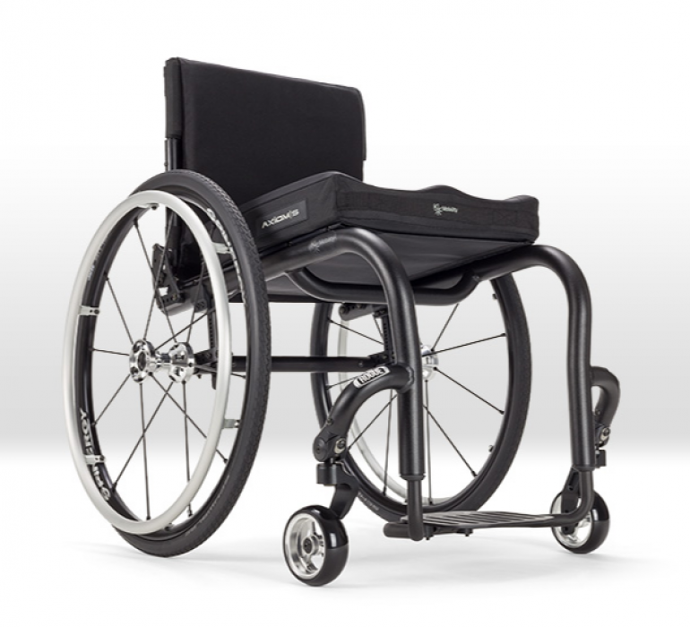 Black Ki Mobility Rogue lightweight manual wheelchair, with large wheels and tubing.