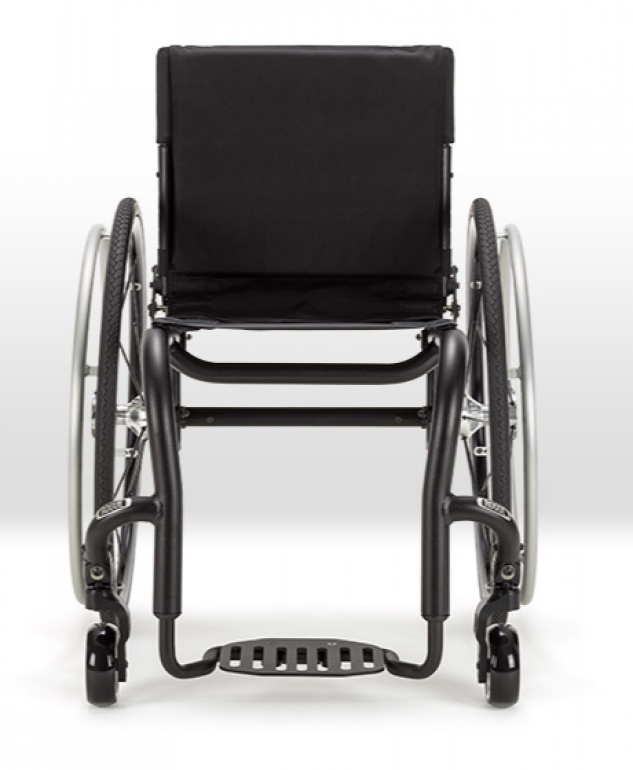 Rear view of the Ki Mobility Rogue lightweight manual wheelchair, showing a black seat and footrest.