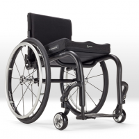Ki Mobility Rogue Front thumbnail Black Ki Mobility Rogue lightweight manual wheelchair, with large wheels and tubing. thumbnail