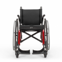 Clear front view of the Catalyst 5 manual wheelchair, with a black seat and footrests. thumbnail
